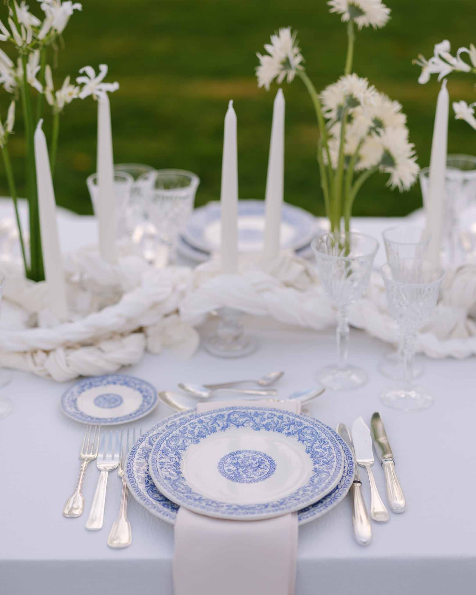 Blue and silver tableware place setting detail